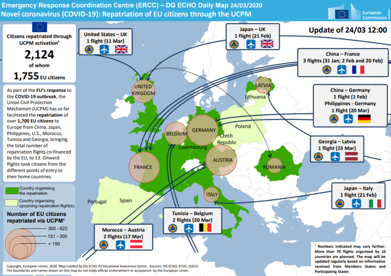 Map of Europe - Repatriation of EU citizens during coronavirus outbreak