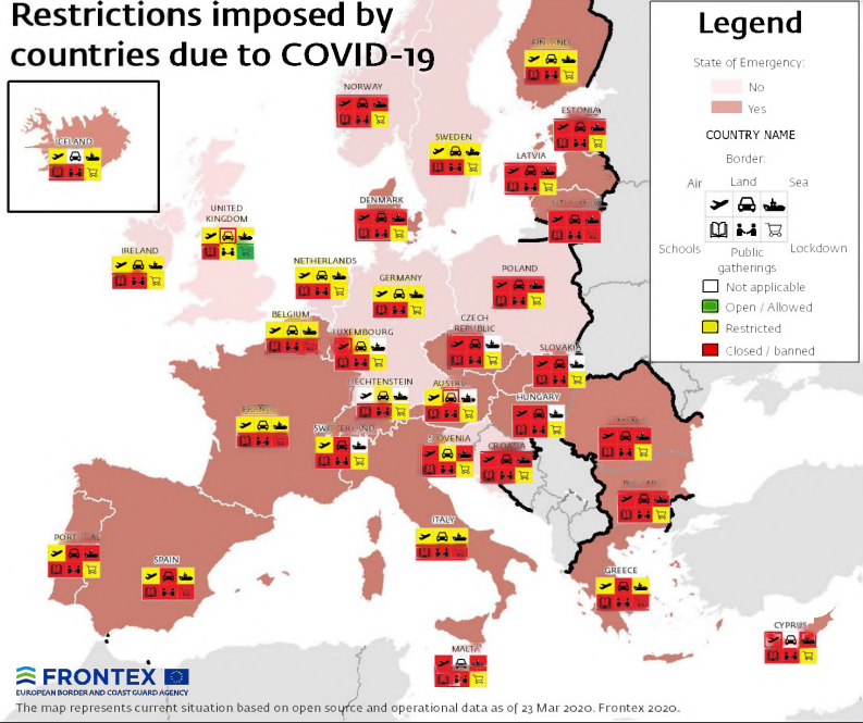 Map of Europe - restrictions impose due to COVID 19 pandemic